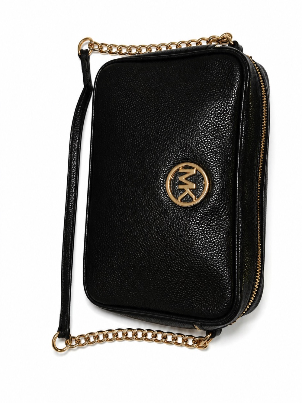 Michael Kors Black Pebbled Leather Chain Crossbody with Gold MK Logo